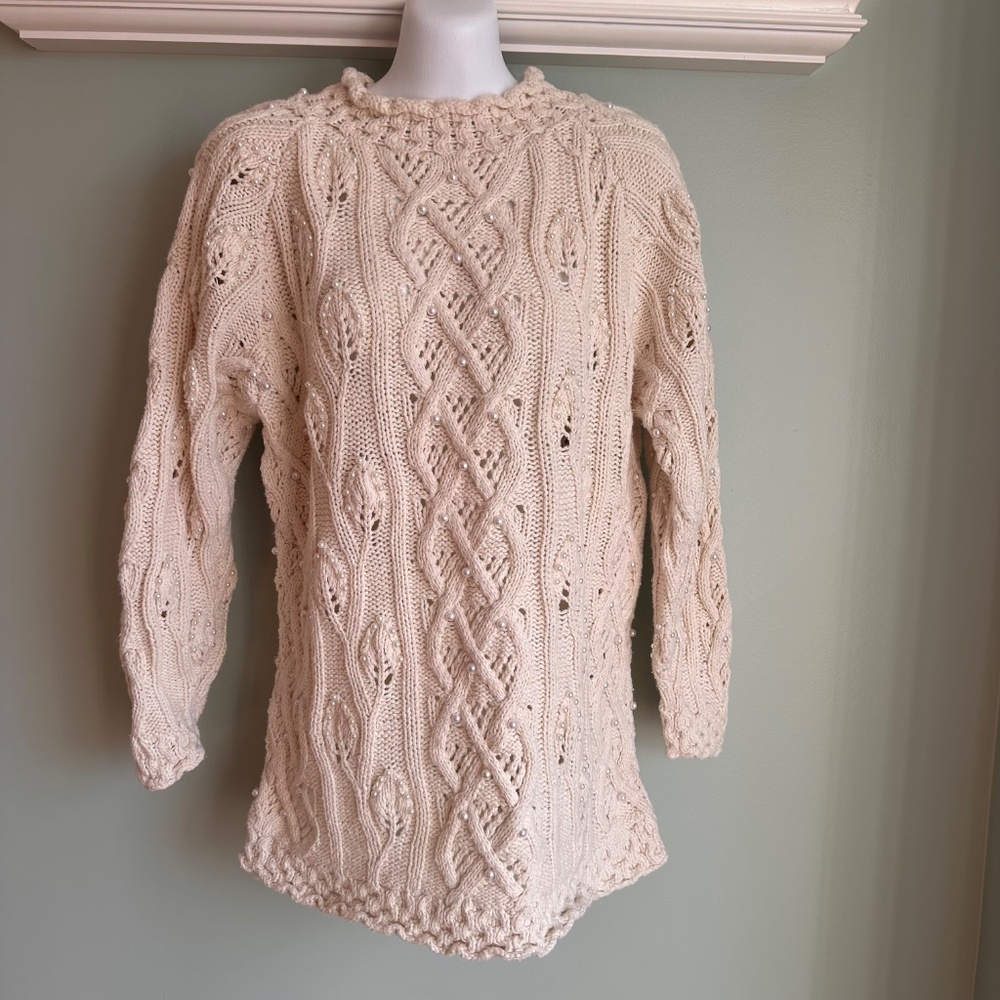 Vintage Yarnworks Handknit Cable-knit Pearl Embellished Sweater Women's Medium